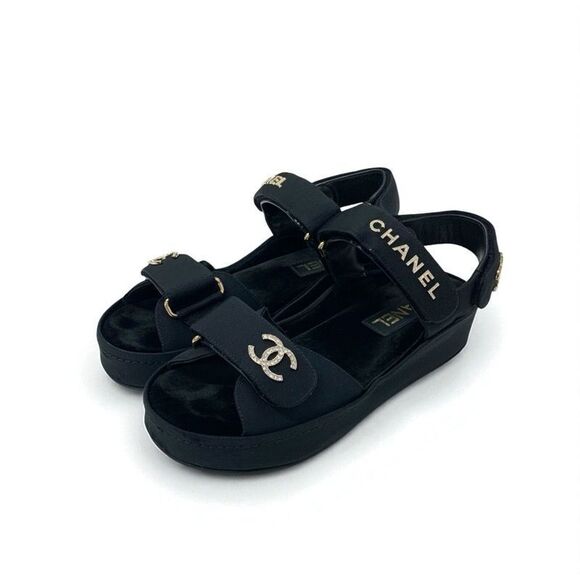 Chanel Handbags - Chanel Sandals Shoes Fabric Velor Black Gold Rhinestone CC Coco Mark Logo Velcro